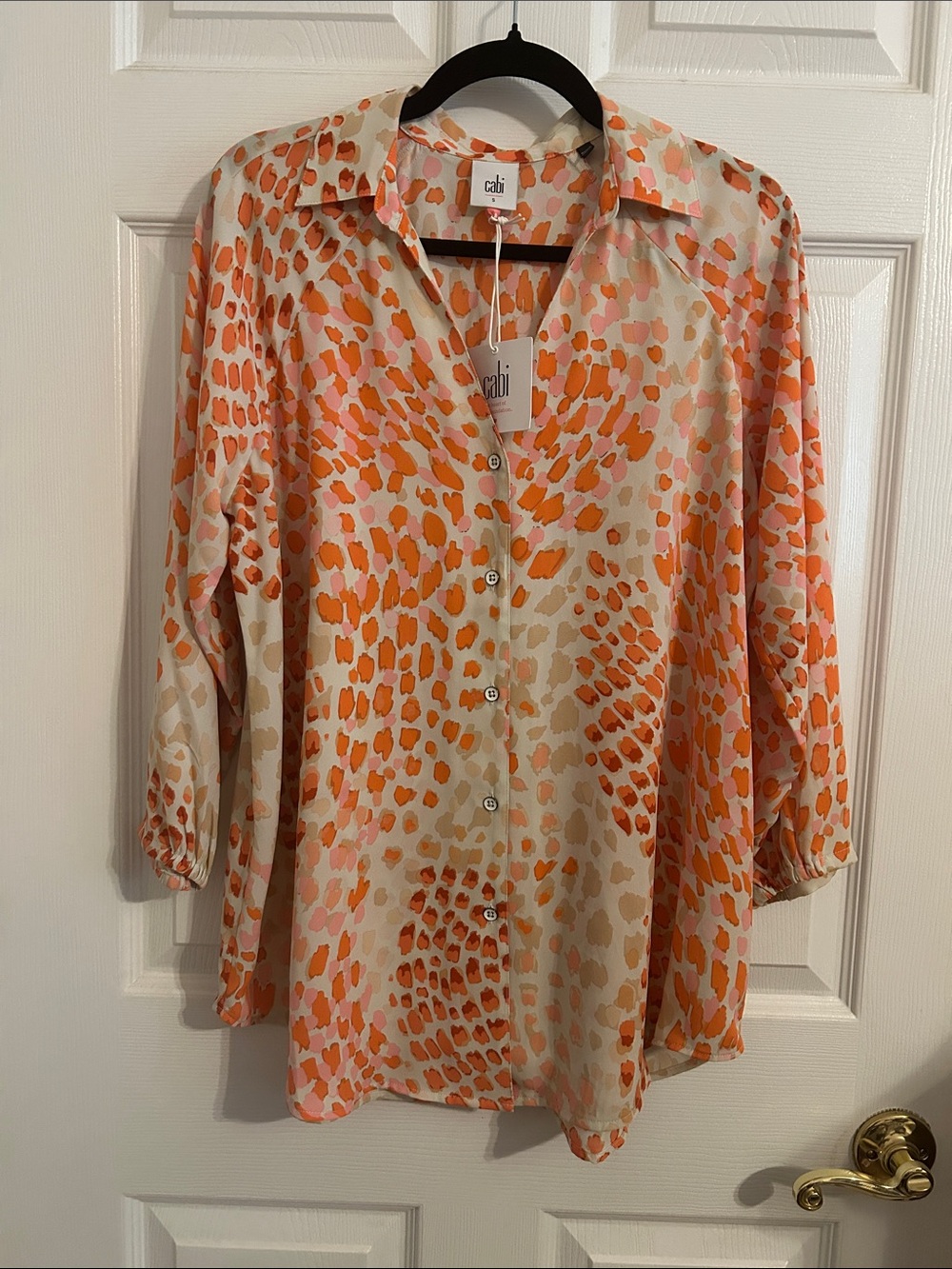 Cabi Orange and Cream Abstract Print Button-Down Shirt Sz Small